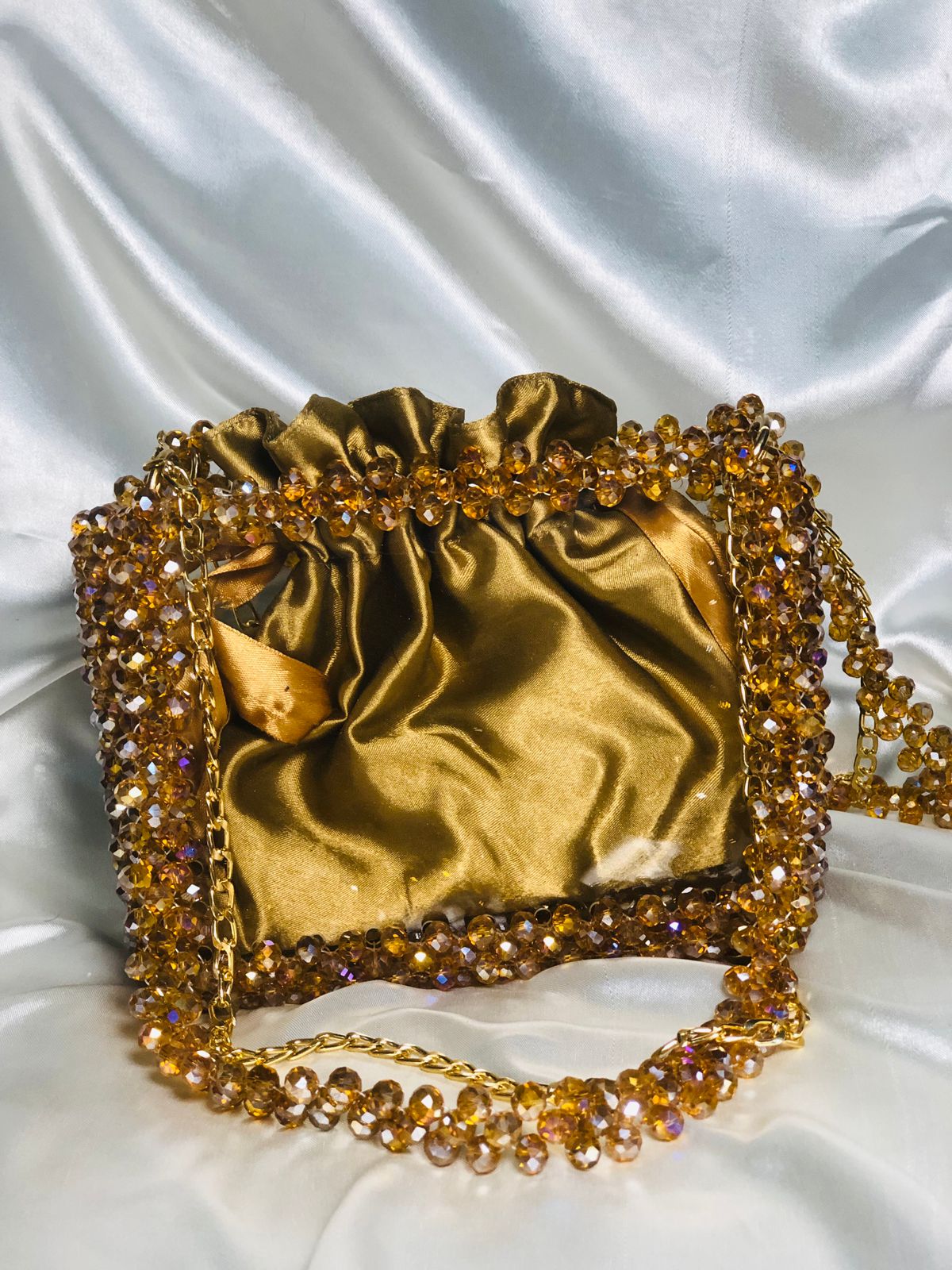Golden Crystal Beaded Acrylic Frame Bag with Satin Potli