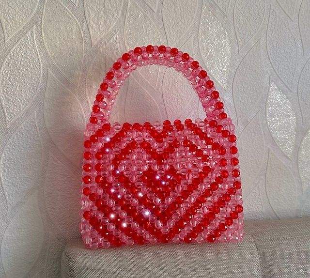 Pink & Red Heart Crystal Beaded Mini Top Handle Bag