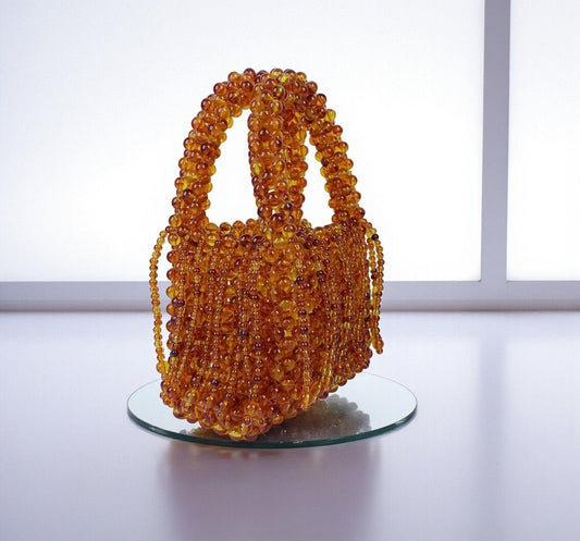 Amber Crystal Beaded Fringe Mini Top Handle Bag