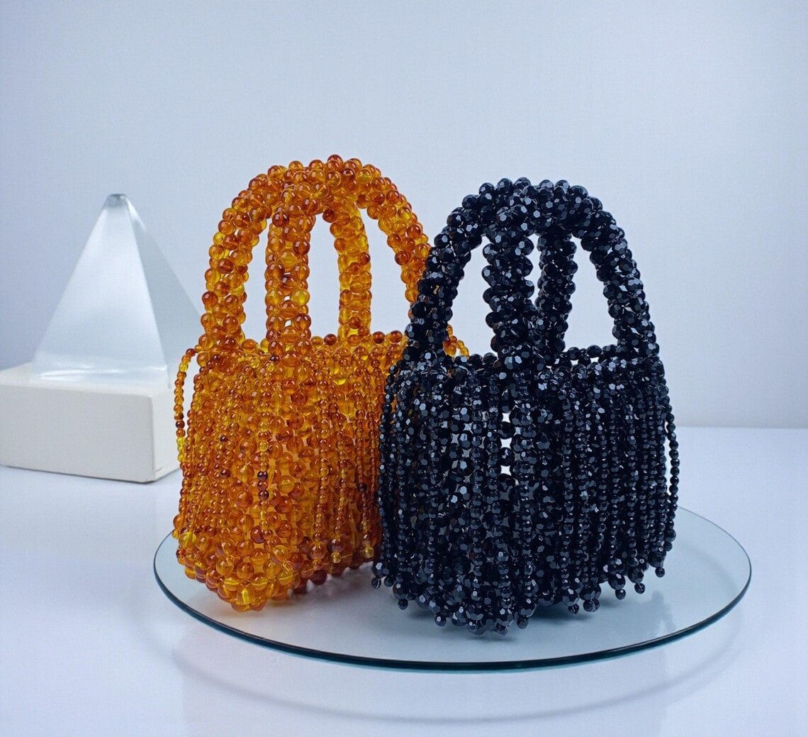 Midnight Black Crystal Beaded Fringe Mini Top Handle Bag