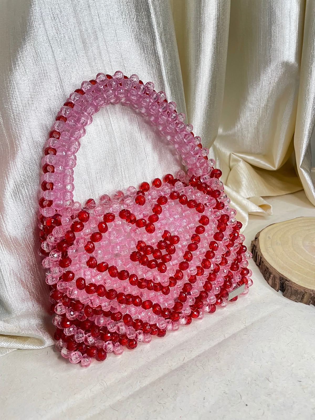 Pink & Red Heart Crystal Beaded Mini Top Handle Bag
