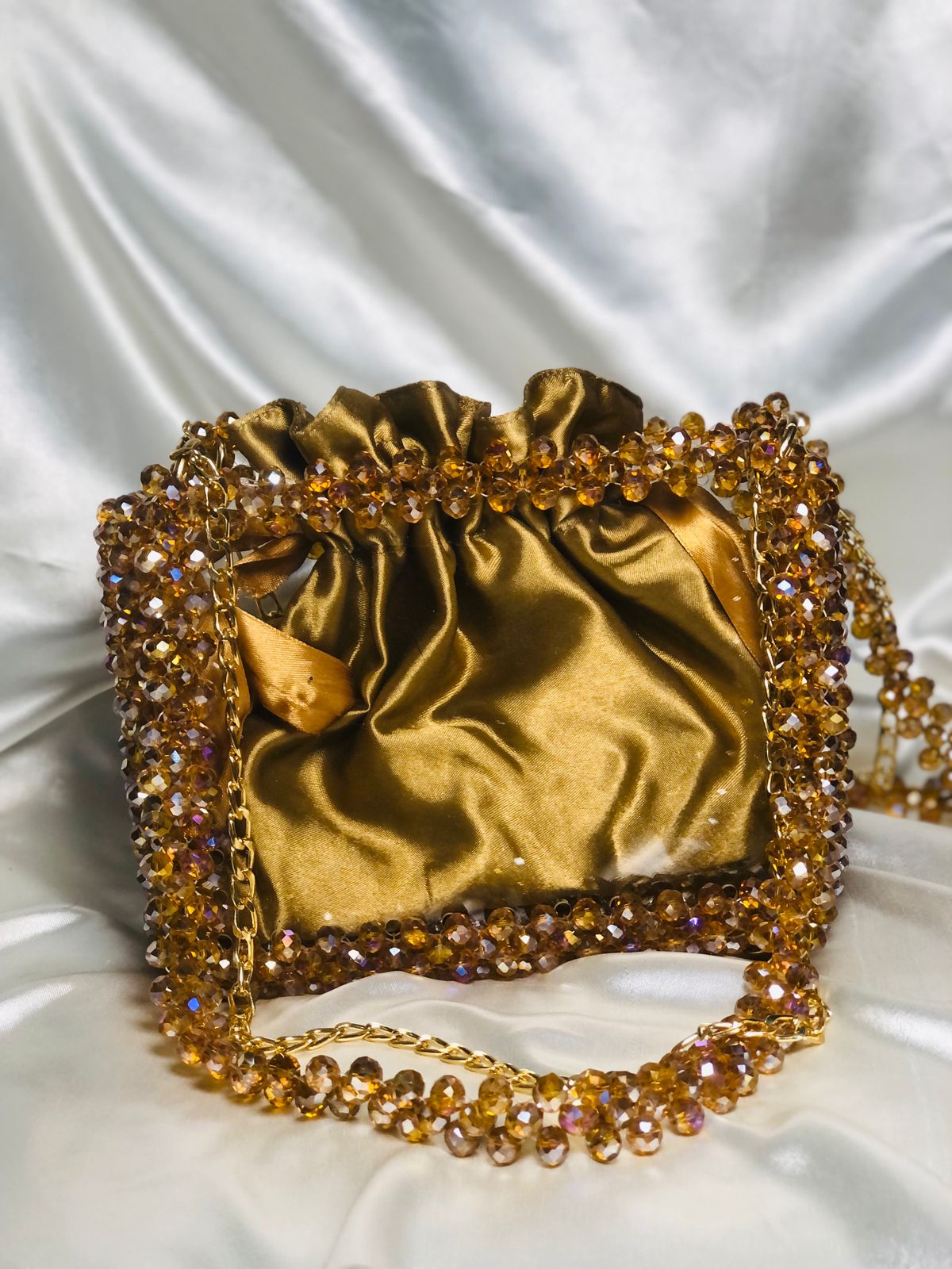Golden Crystal Beaded Acrylic Frame Bag with Satin Potli