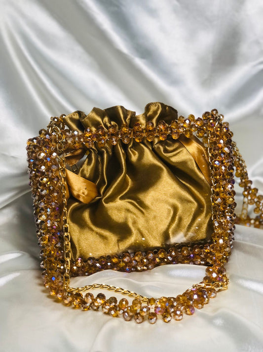 Golden Crystal Beaded Acrylic Frame Bag with Satin Potli