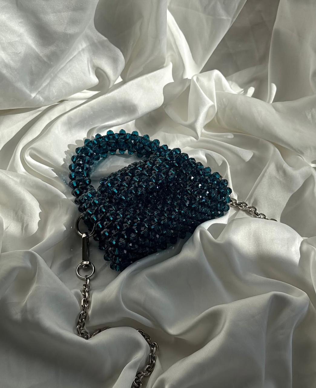 Luxury Dark Teal Crystal Beaded Mini Bag