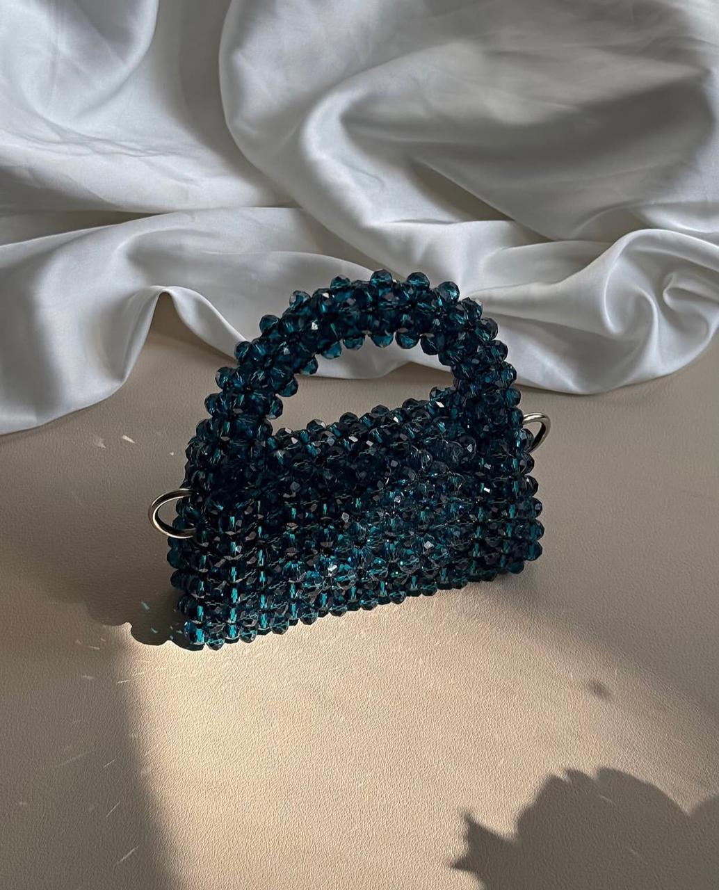 Luxury Dark Teal Crystal Beaded Mini Bag