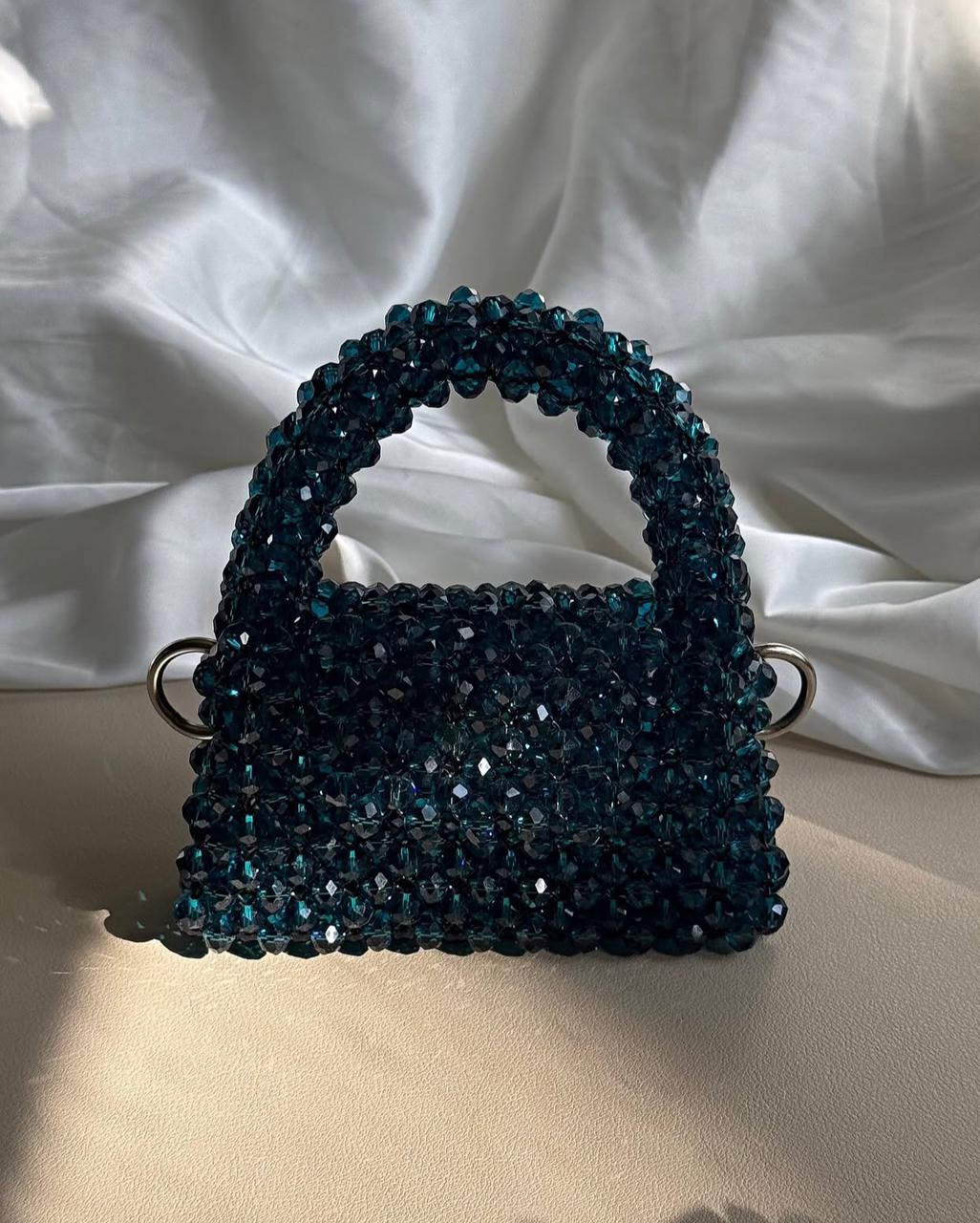 Luxury Dark Teal Crystal Beaded Mini Bag
