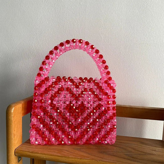 Pink & Red Heart Crystal Beaded Mini Top Handle Bag