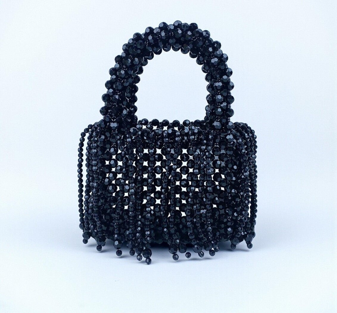 Midnight Black Crystal Beaded Fringe Mini Top Handle Bag