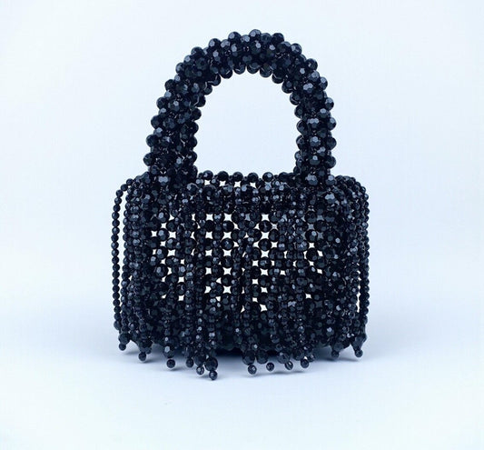 Midnight Black Crystal Beaded Fringe Mini Top Handle Bag