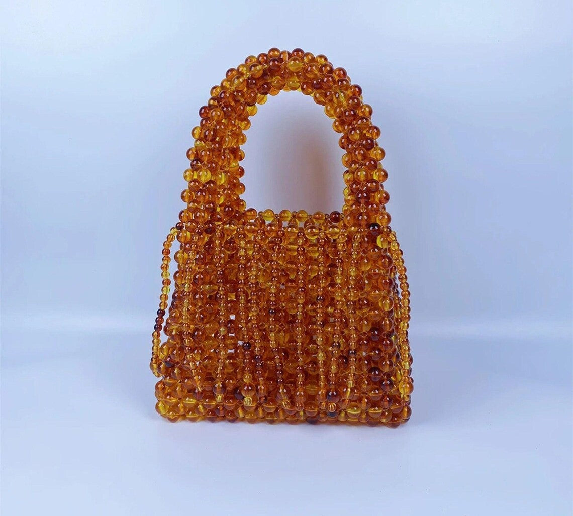 Amber Crystal Beaded Fringe Mini Top Handle Bag