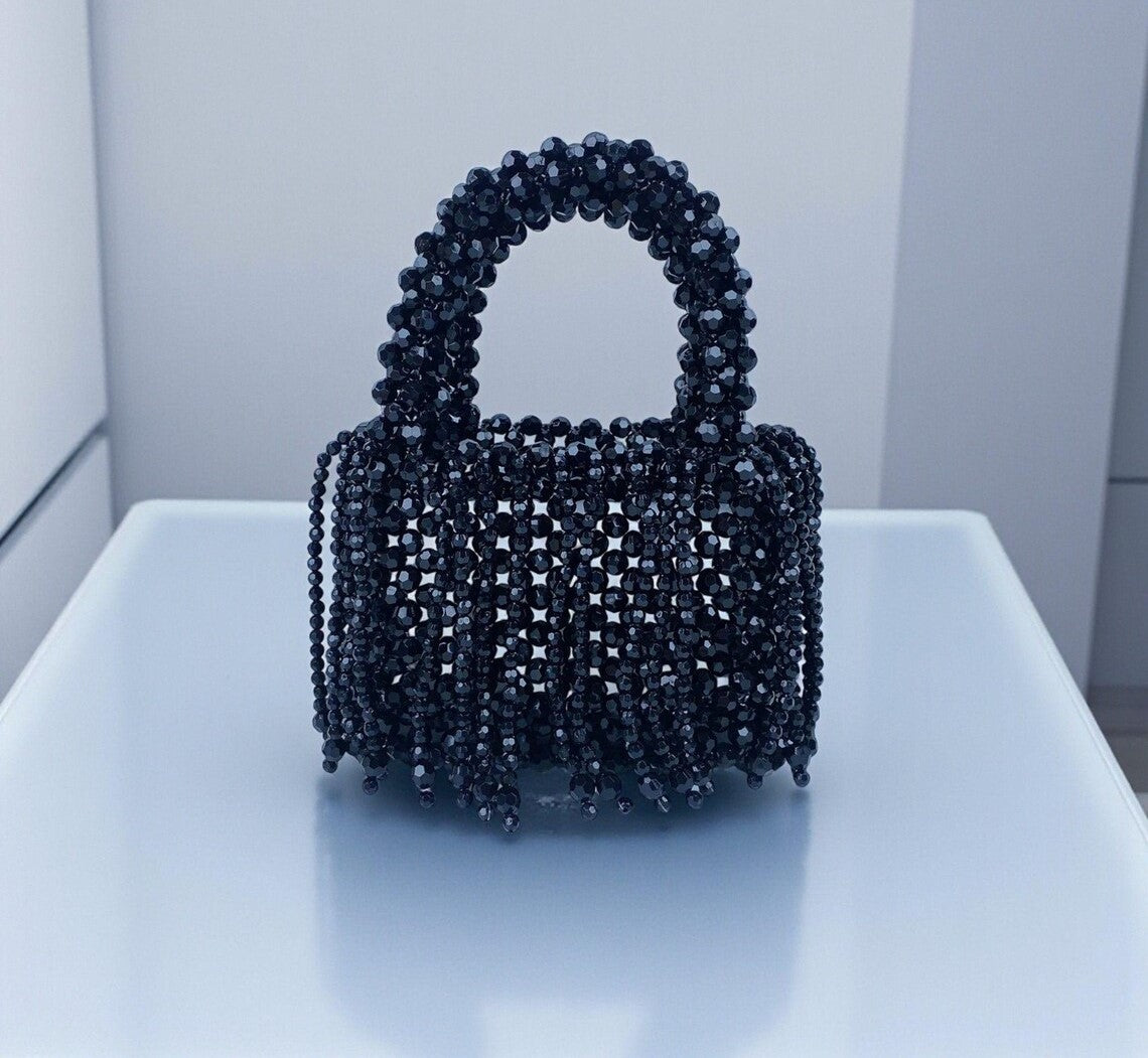 Midnight Black Crystal Beaded Fringe Mini Top Handle Bag