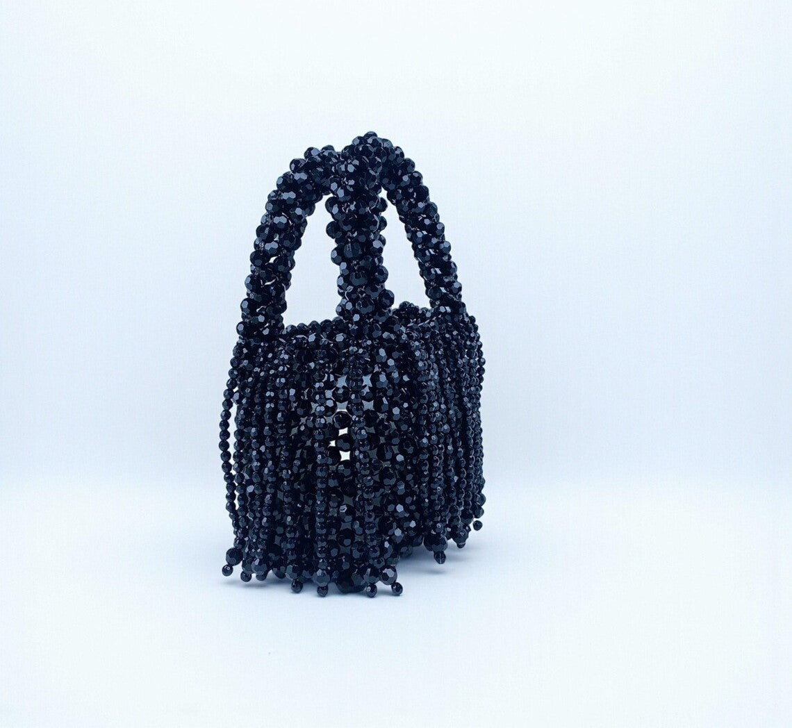 Midnight Black Crystal Beaded Fringe Mini Top Handle Bag