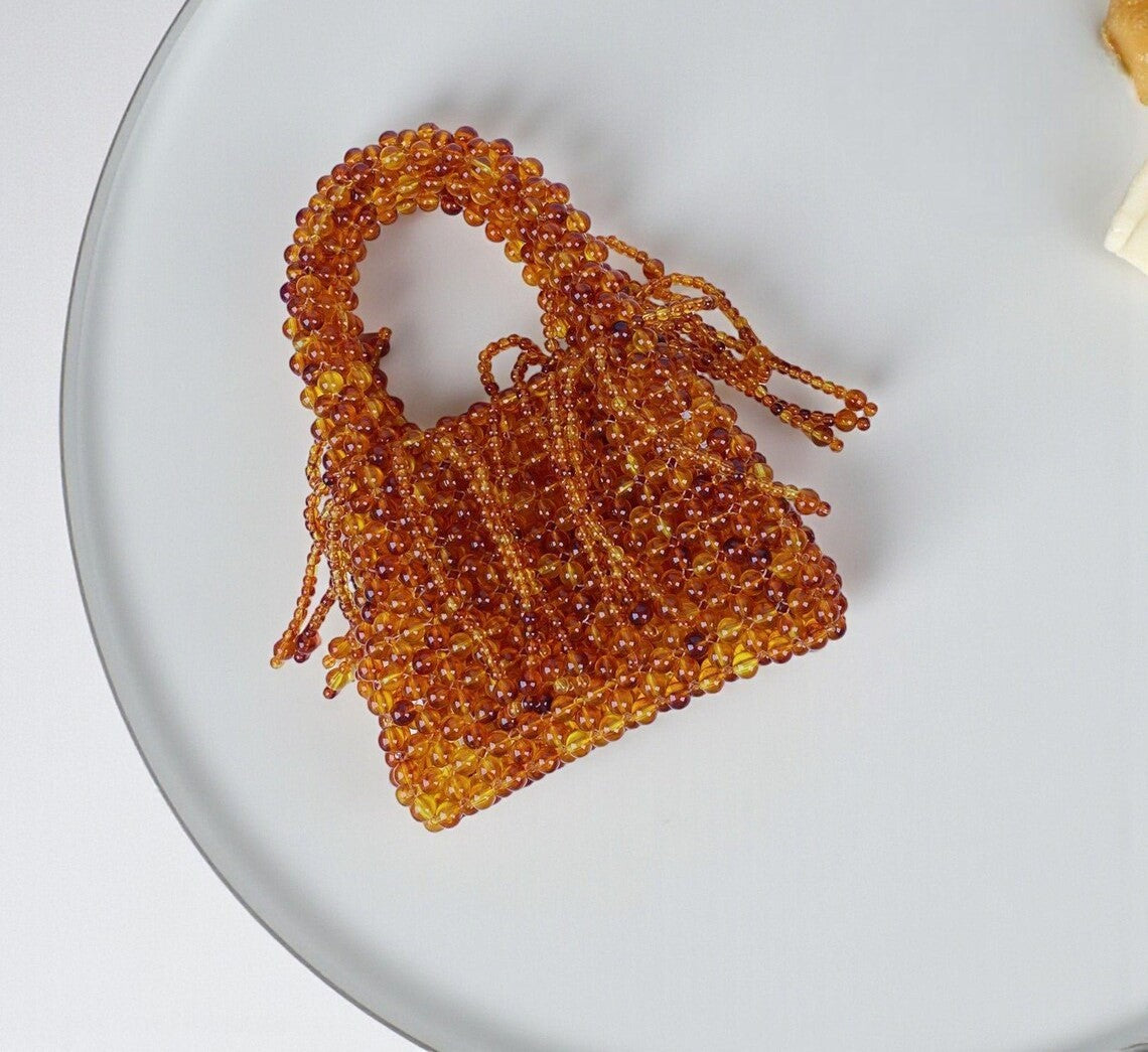 Amber Crystal Beaded Fringe Mini Top Handle Bag