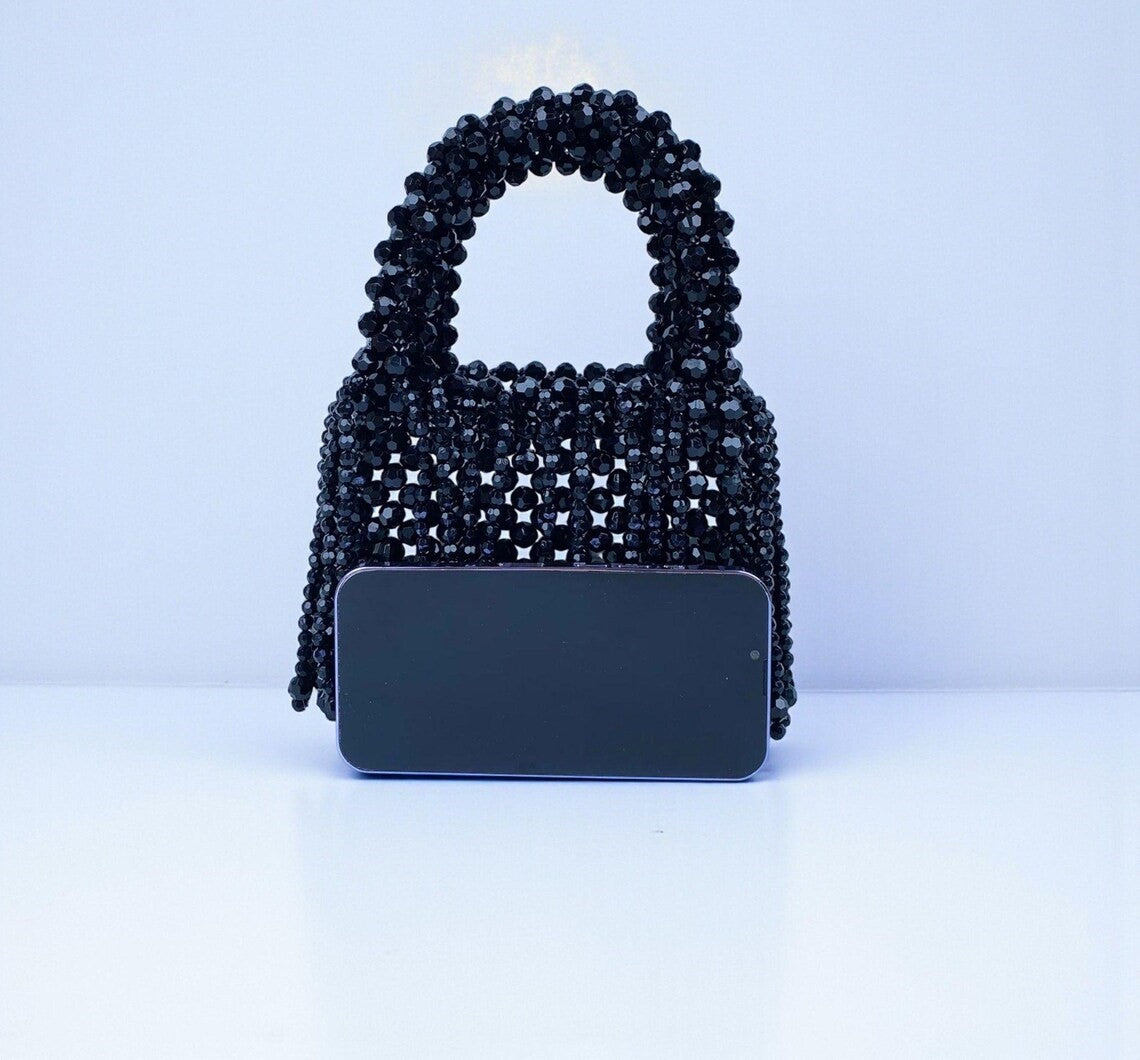 Midnight Black Crystal Beaded Fringe Mini Top Handle Bag