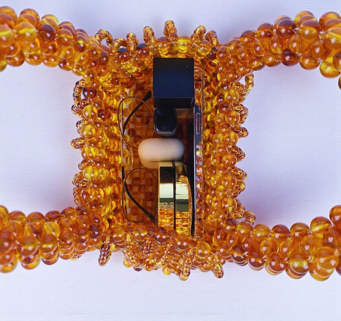 Amber Crystal Beaded Fringe Mini Top Handle Bag